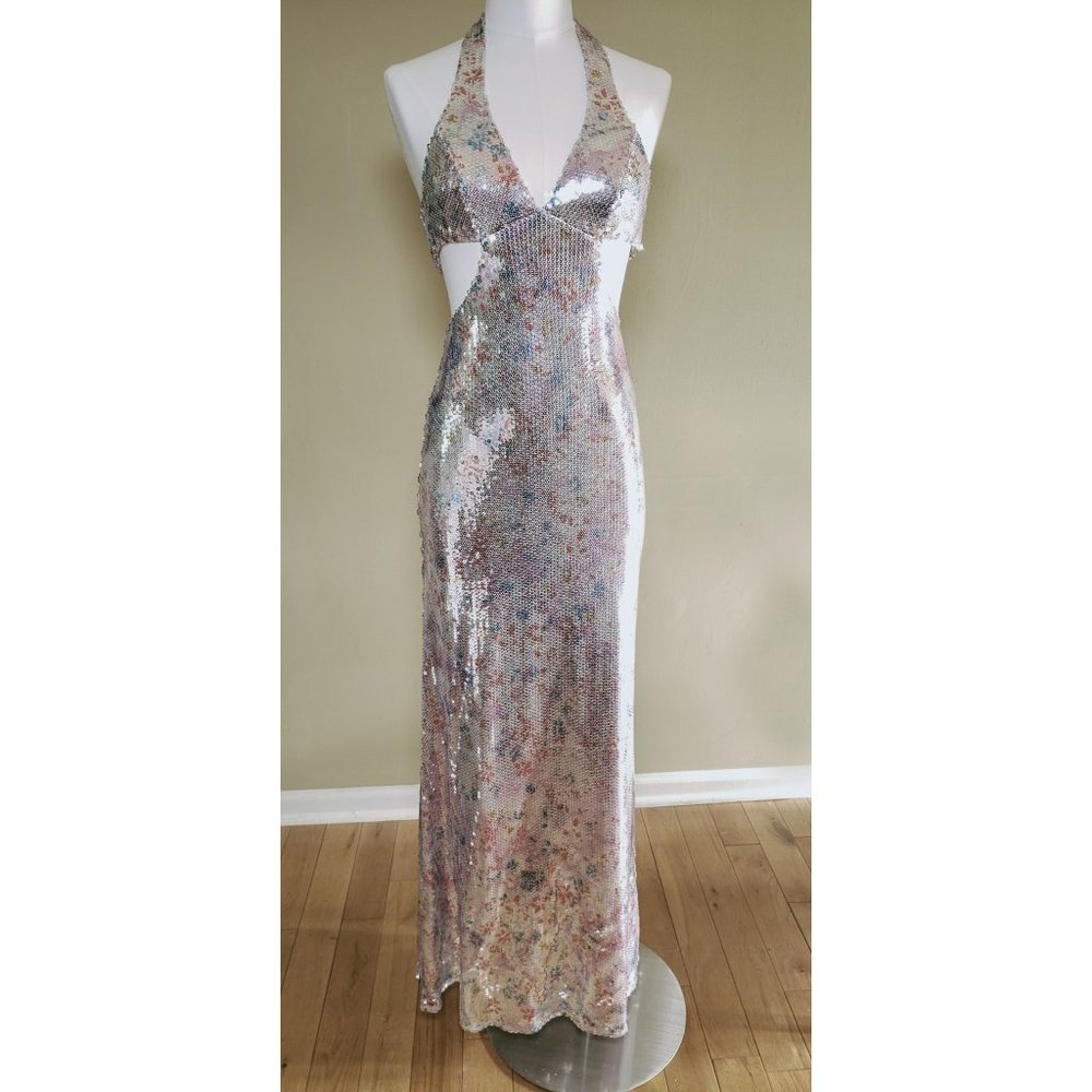 Faviana Couture Metallic Silver Sequin Gown